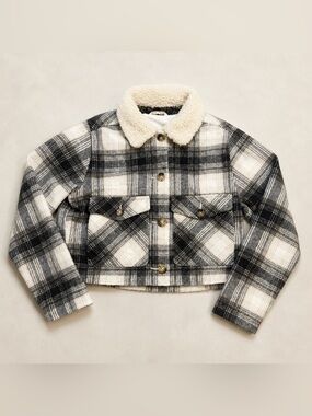 Hollister Women’s Plaid Cropped Jacket Sherpa Collar Black & White Size XS